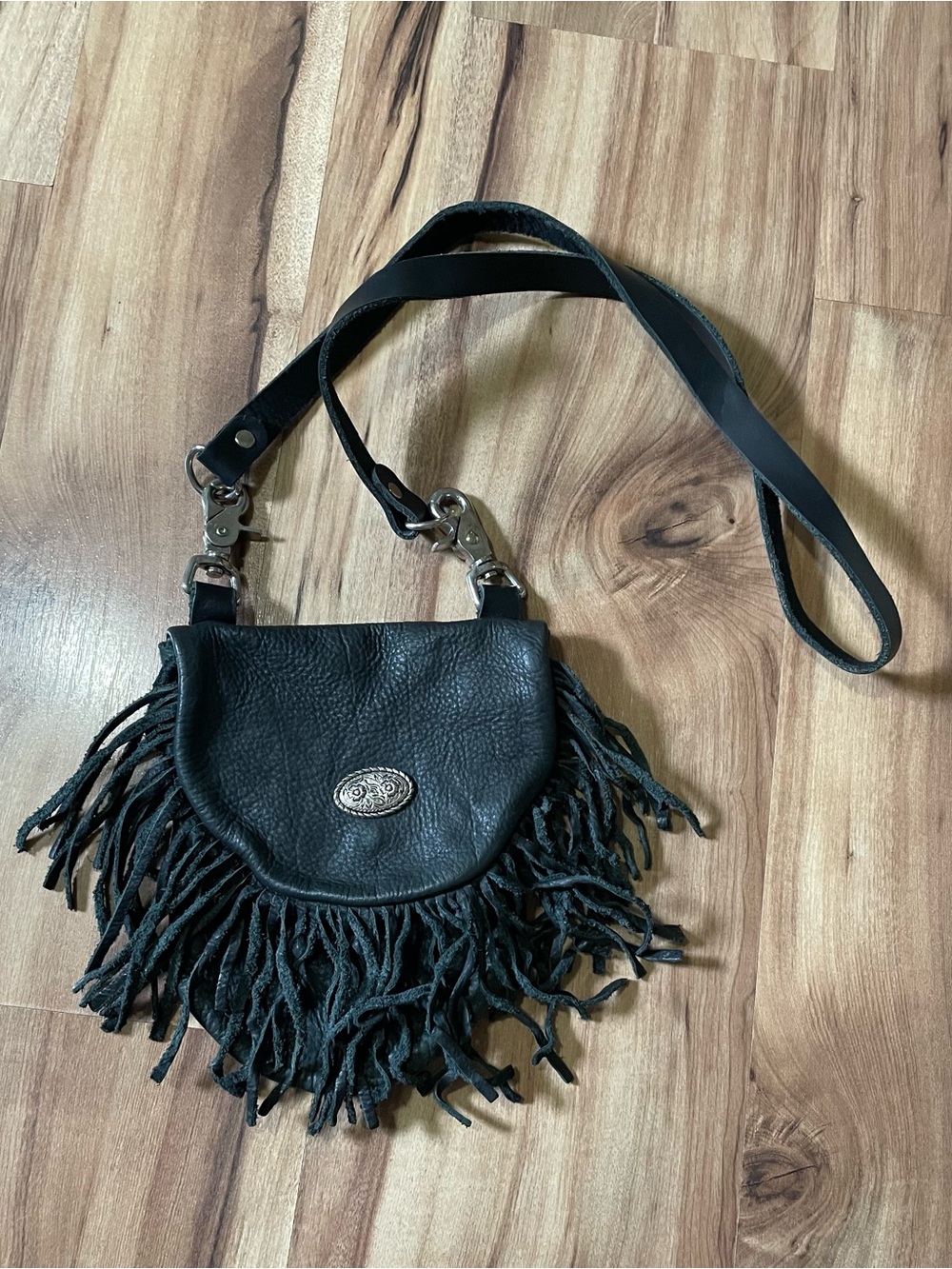 Vintage Romag Black Leather Fringe Hip Bag - Moto Biker Crossbody - Made in USA